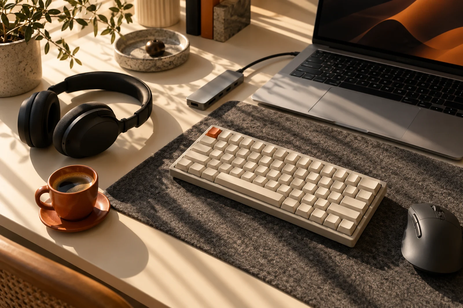 A sunlit desk with a mechanical keyboard, wireless mouse, headphones and laptop